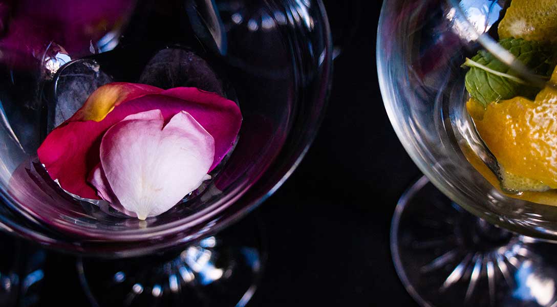 Two gin glasses with petals and lemon peel