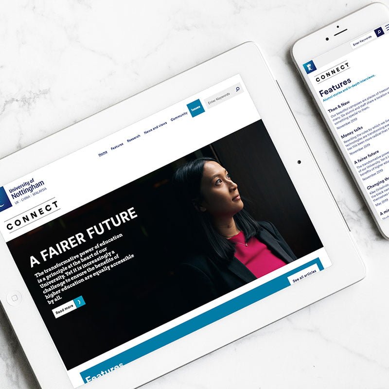 The University of Nottingham's Connect Online magazine on tablet and mobile